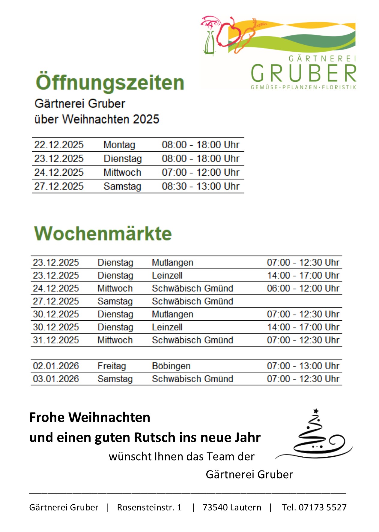 Öffnungszeiten über Weihnachten