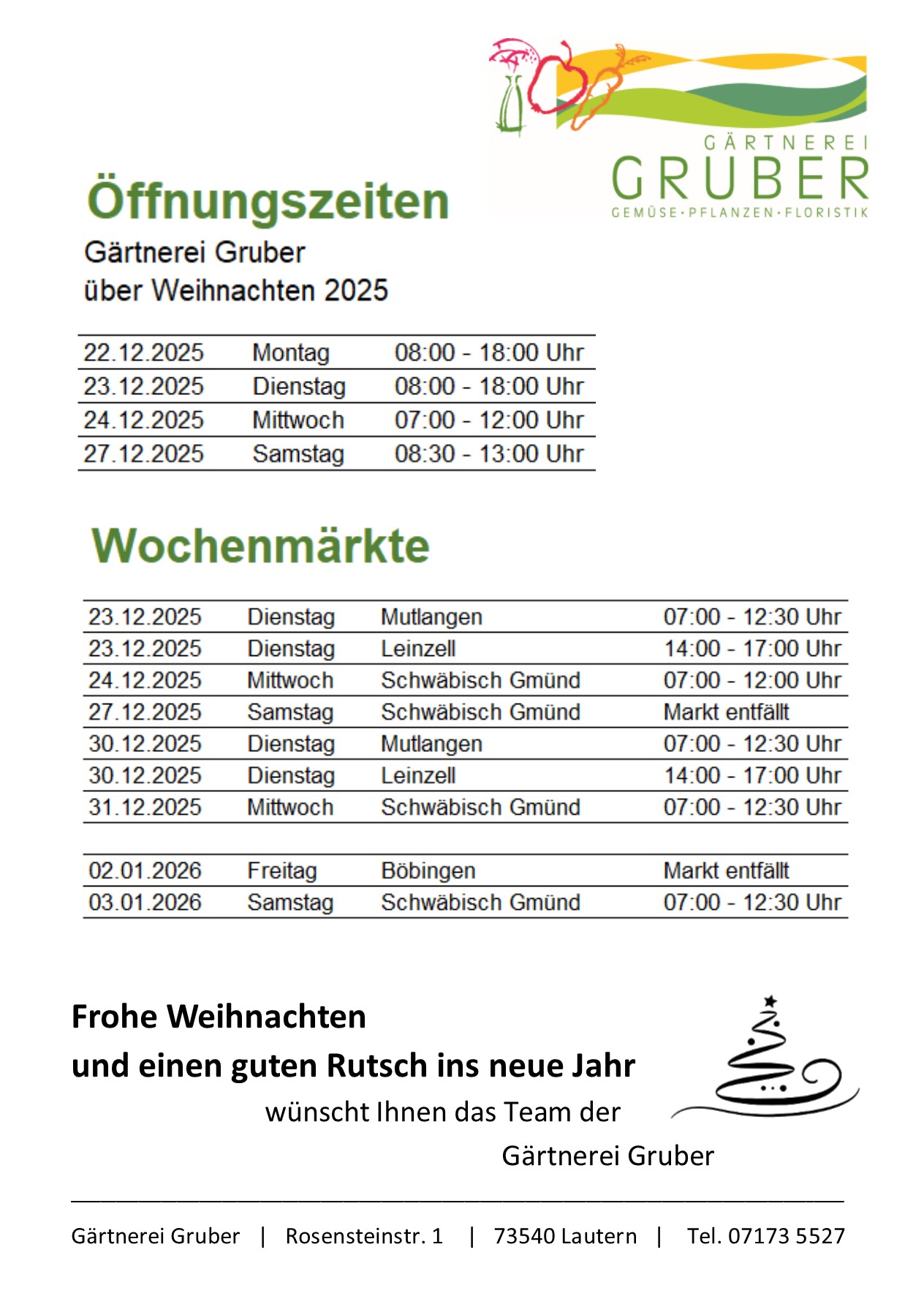 Öffnungszeiten über Weihnachten